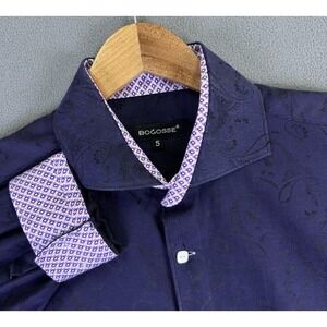 Bogosse Shirt Mens 5 XL Blue Purple Colorful Flip Cuff Floral Jacquard Cutaway